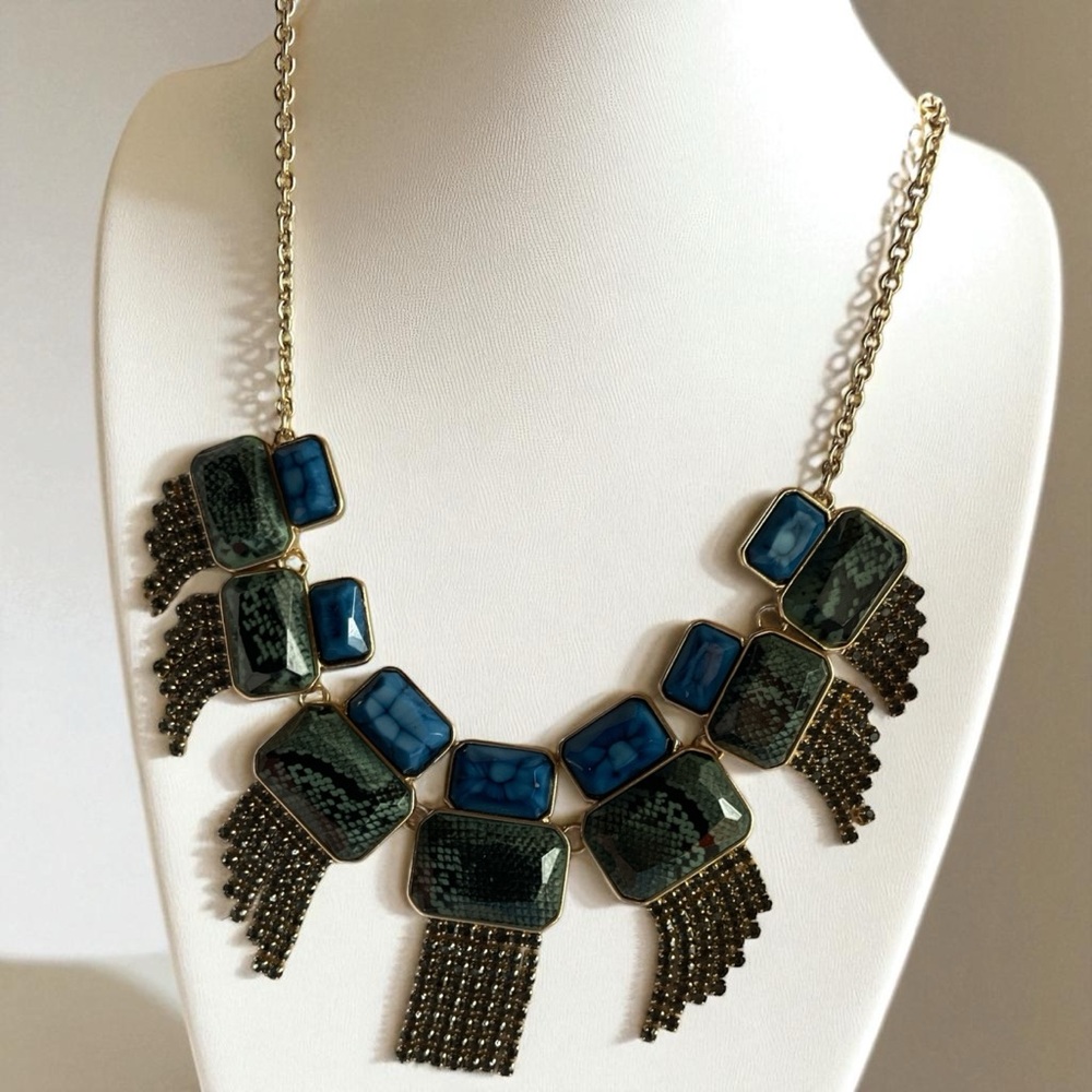 Signed INC International Concepts Green Snakeskin Blue Stone Statement Necklace